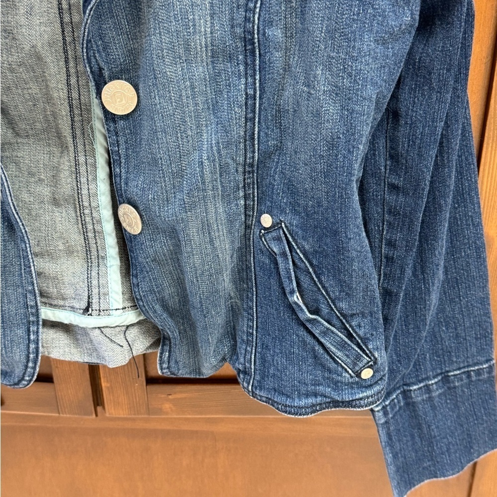 RICKI’s denim jean blazer trucker jacket ruffle hem MED 18-19 pit L20 in - Picture 5 of 5